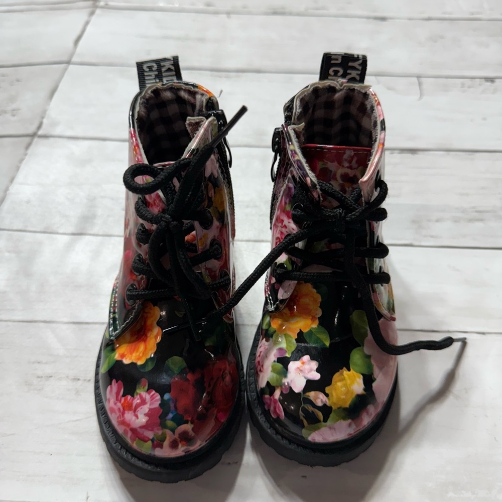 Source Unknown Black and Pink Floral Combat Boots